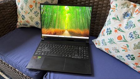 A black laptop rests on a blue cushion between floral pillows on a wicker sofa; its screen shows a sunlit path through a vivid green forest.