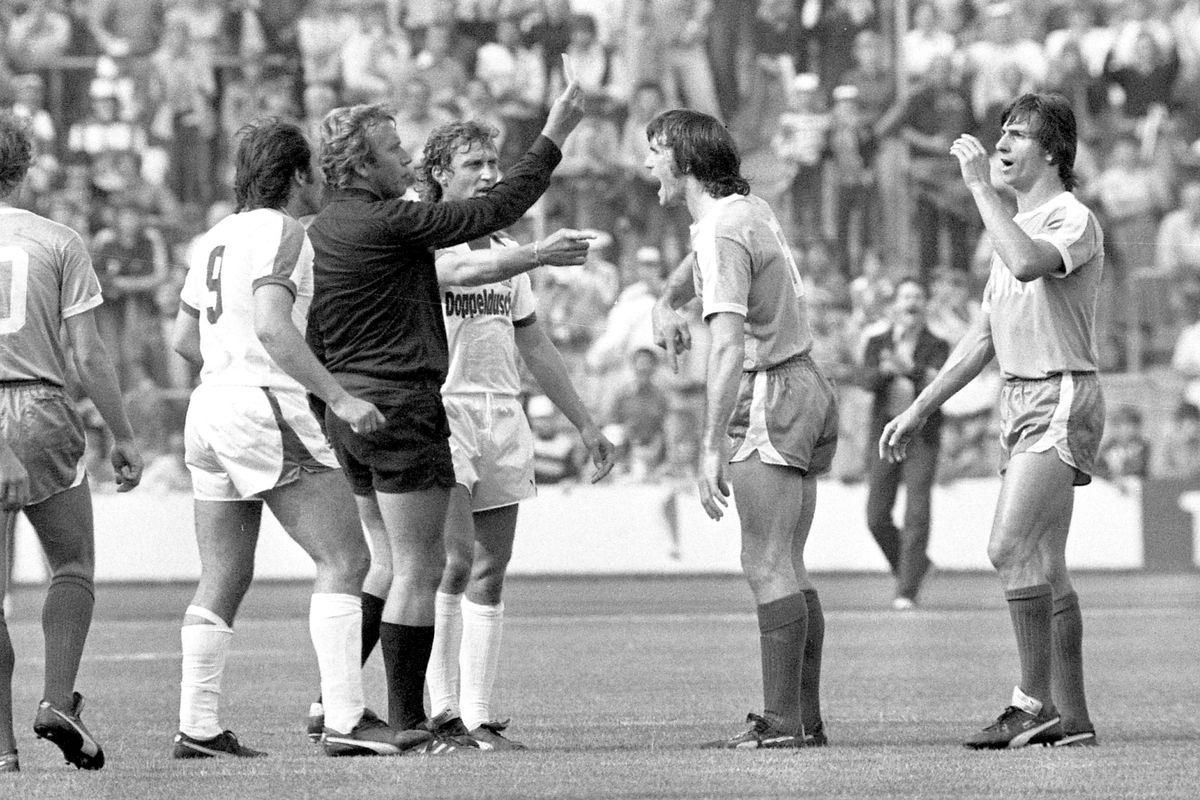 Dave Watson is sent off while playing for Werder Bremen against TSV Munich, August 1979