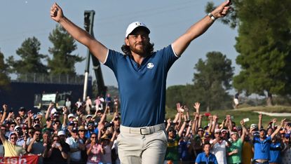 Tommy Fleetwood after his winning putt in the Ryder Cup at Marco Simone