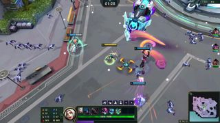 Gameplay from League of Legends' Swarm mode, showing a team of players battling foes in an urban map.