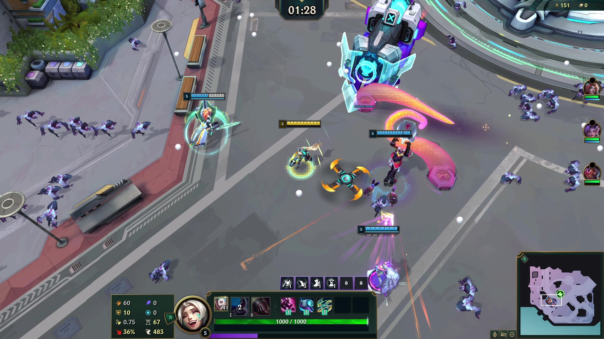 Gameplay from League of Legends' Swarm mode, showing a team of players battling foes in an urban map.