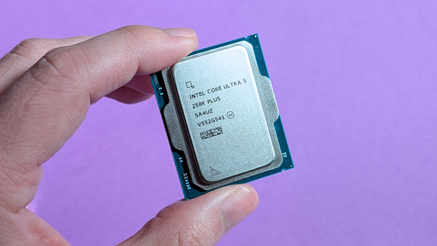 Intel Core Ultra 5 250K Plus desktop processor held in hand