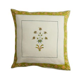 A green and neutral block printed cushion cover set