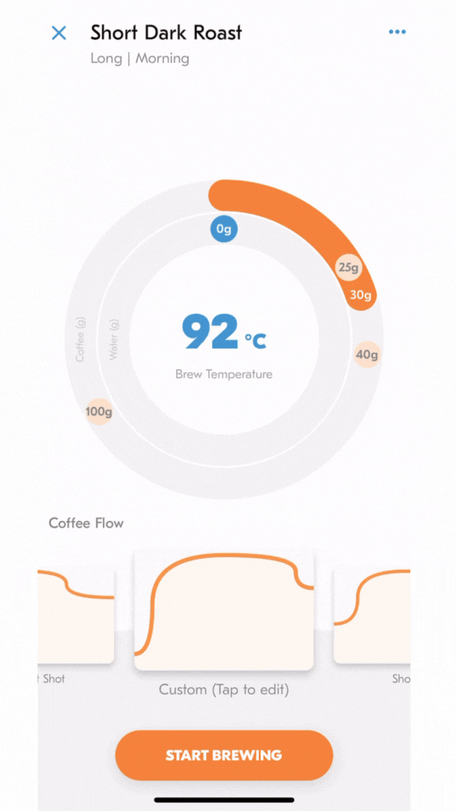 A gif showing the Morning app, controlling the water flow and coffee weight of a Morning coffee pod