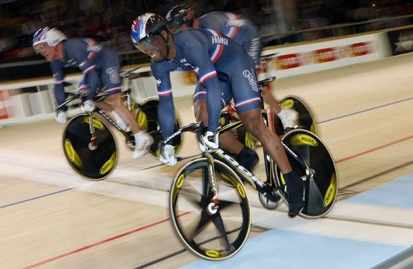 Gregory Bauge leads the French team in the men's team sprint final where they won the silver medal,