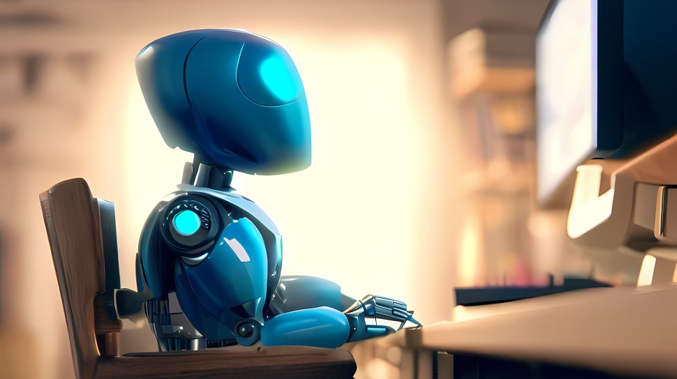 Um robô representando o Bing lendo em um computador