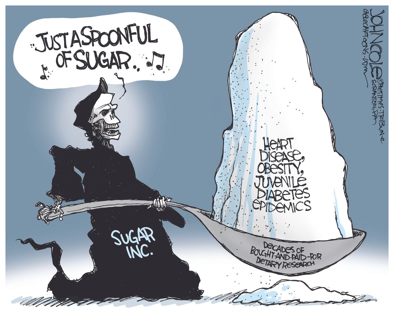 Editorial cartoon U.S. Sugar lobby death science studies