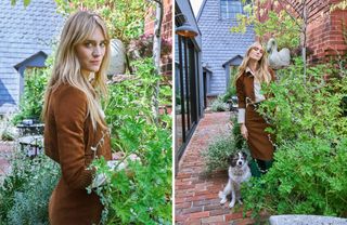 Mackenzie Davis at Hotel Chelsea wearing a brown suede Miu Miu jacket and matching skirt with green tights.