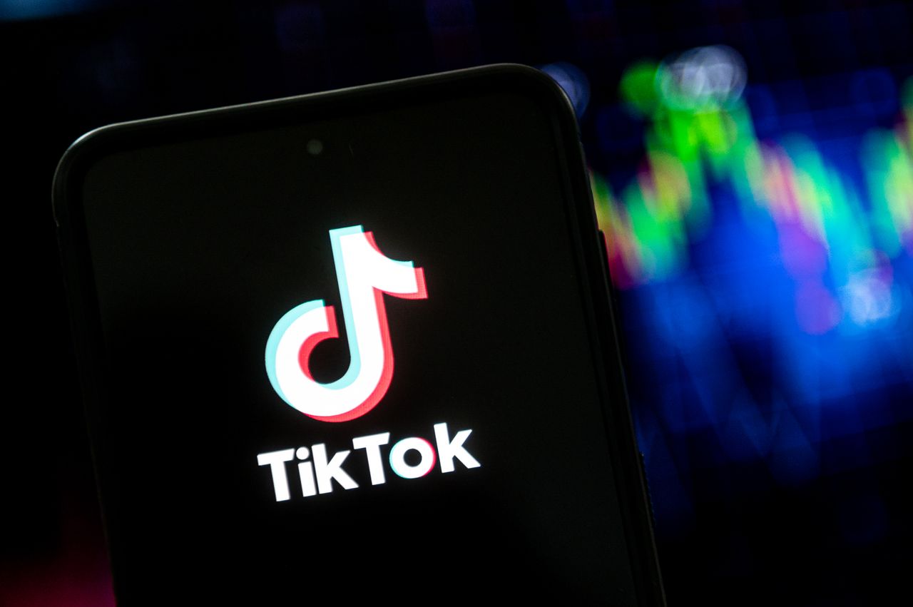 The TikTok logo is seen on a smartphone. 