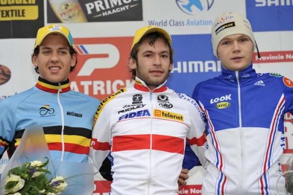 The race podium: Tom Meeusen (2nd, Belgium), Kacper Szczepaniak (1st, Poland) and Arnaud Jouffroy (3rd, France)