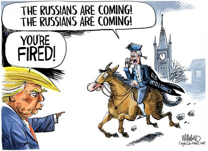 Political Cartoon U.S. Trump Paul Revere Russian meddling
