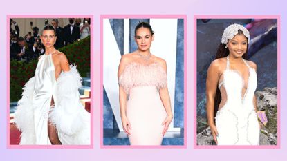 Prom dresses 2023: Hailey Bieber pictured wearing a white silk dress, Lily James pictured wearing a pink strapless dress and Halle Bailey pictured wearing a white 'Mermaidcore' gown / in a pink and purple template