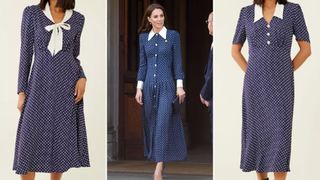 Kate Middleton wearing a polka dot dress in between two similar Finery London dresses