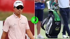 Michael Kim walks off the green, with a close up of his bag