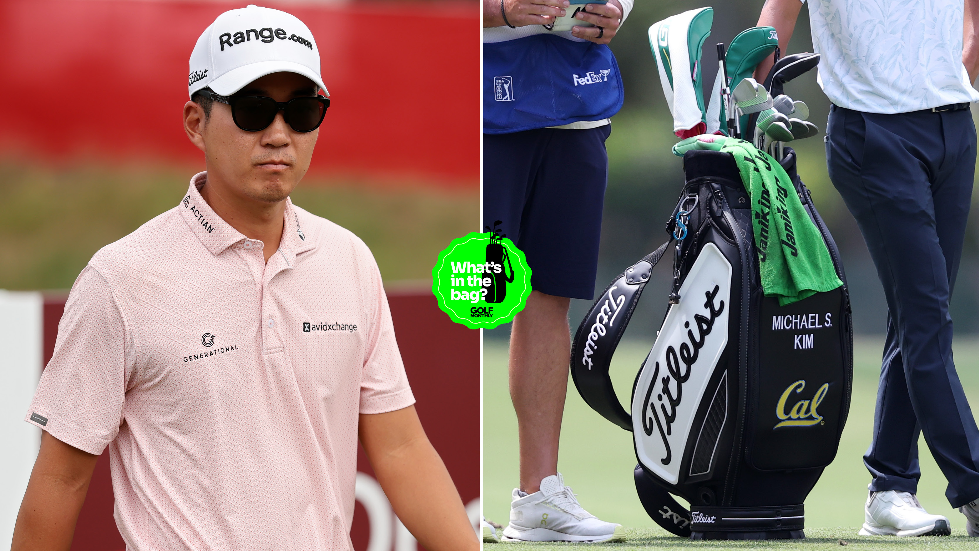 Michael Kim walks off the green, with a close up of his bag