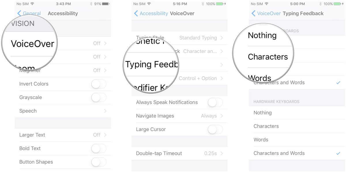 Tap VoiceOver, tap Typing Feedback, tap and option under each type of keyboard