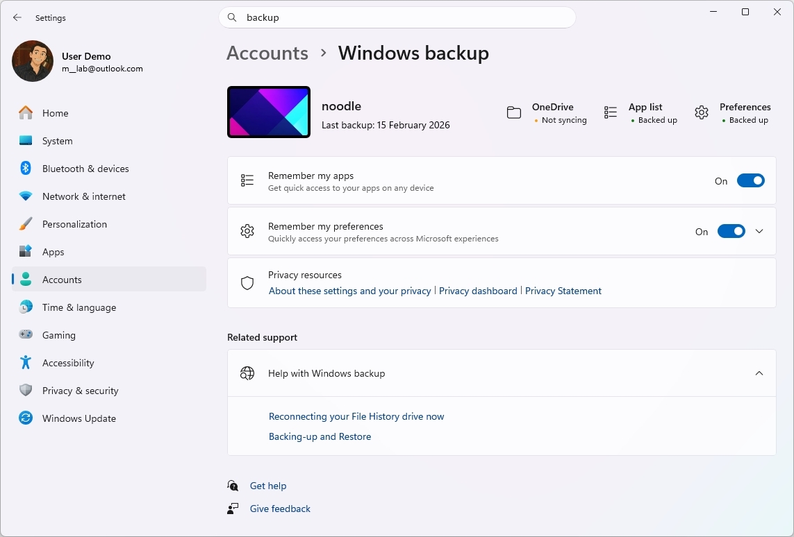 Windows backup settings