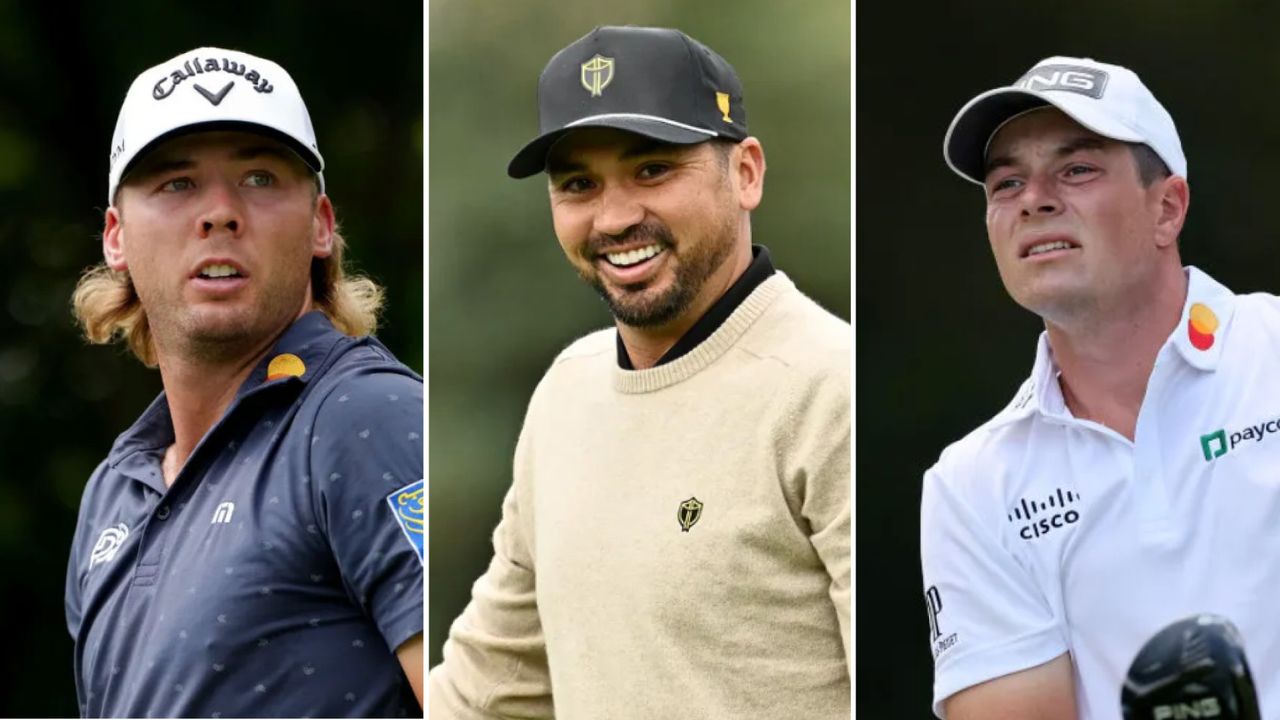 Sam Burns (left), Jason Day (centre) and Viktor Hovland (right)