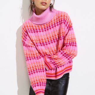 Oliver Bonas Pink Ombre Geometric Roll Neck Knitted Jumper