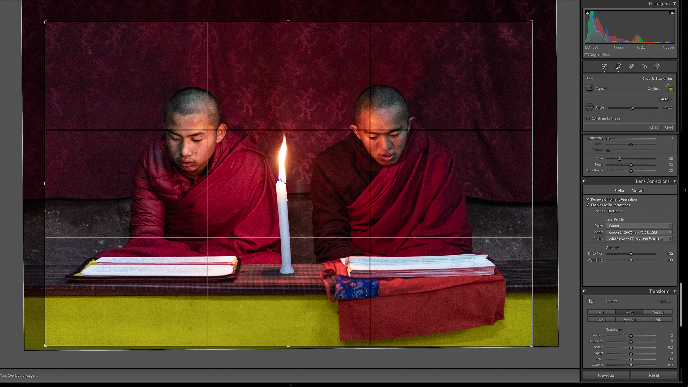 Two individuals in maroon robes are seated side by side, reading by candlelight. The dim setting conveys a calm and meditative atmosphere