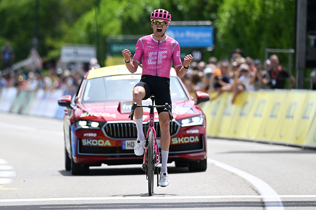 Alex Baudin of France and Team EF Education - EasyPost celebrates at finish line as stage winner during the 78th Tour Auvergne-Rhone-Alpes 2026, Stage 1
