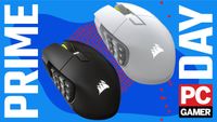 Two of the Corsair Scimitar Elite Wireless SE gaming mouse - one in the black colourway, and one in white - float in the funky PC G Prime Day deal void.