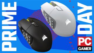 Two of the Corsair Scimitar Elite Wireless SE gaming mouse - one in the black colourway, and one in white - float in the funky PC G Prime Day deal void.