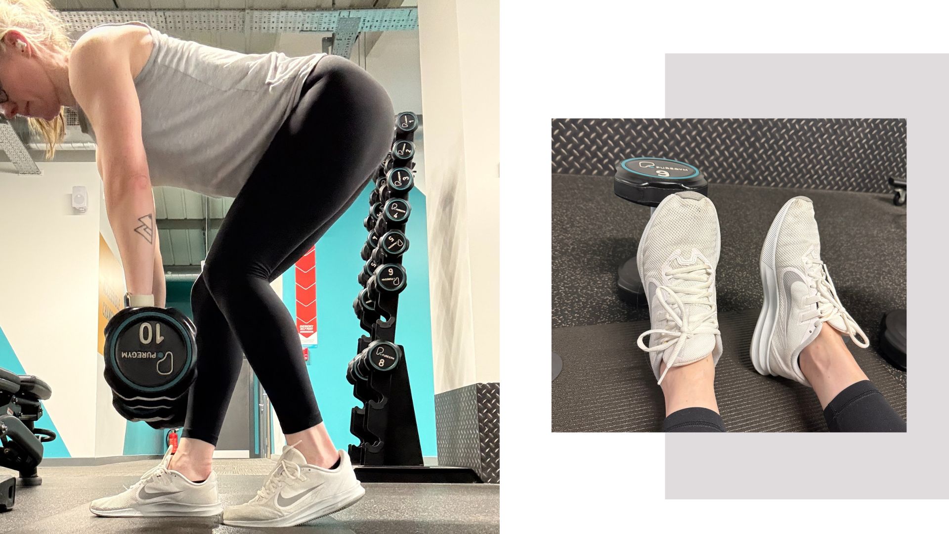 Woman in the gym doing an deadlift with dumbbells in the gym next to a picture of her white Nike trainers