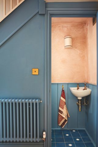 small blue downstairs bathroom under stairs