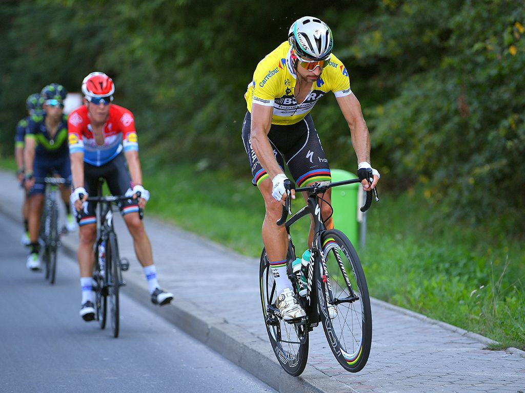 Sagan shows off his bike handling skills whilst wearing the leader's jersey at Tour of Poland
