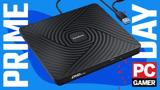 A disc drive on a blue Prime Day banner with the PC Gamer logo.