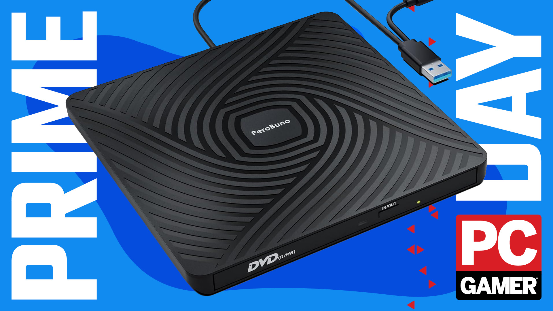 A disc drive on a blue Prime Day banner with the PC Gamer logo.