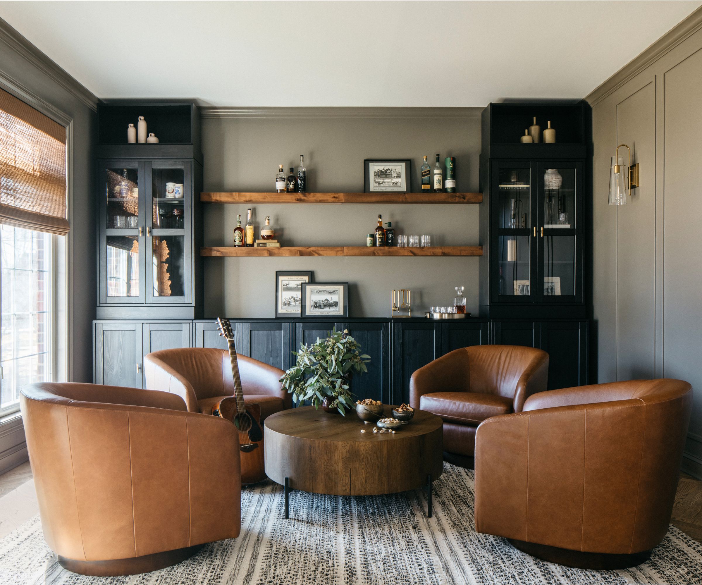 living room design painted in Sherwin-Williams Settlement with leather chairs