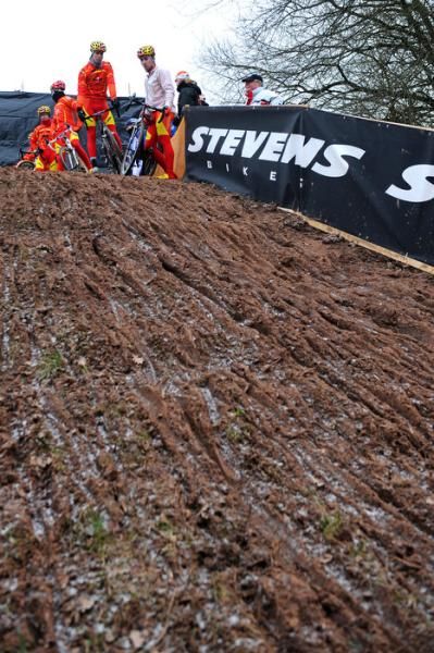 Members of Spain's world championship team look for the best line down a rutted descent.