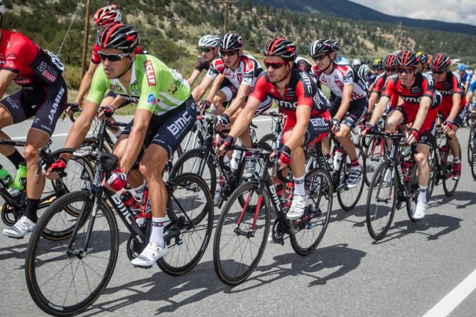 Greg Van Avermaet (BMC) protected by his team today while riding in the sprint jersey.