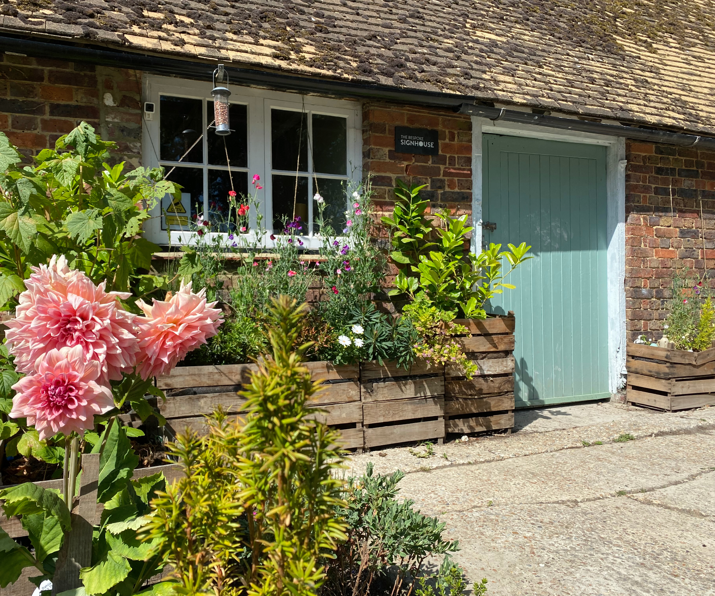 cottage with driveway area directly in front of house, wooden slatted planters placed around edge of property and side of driveway filled with plants