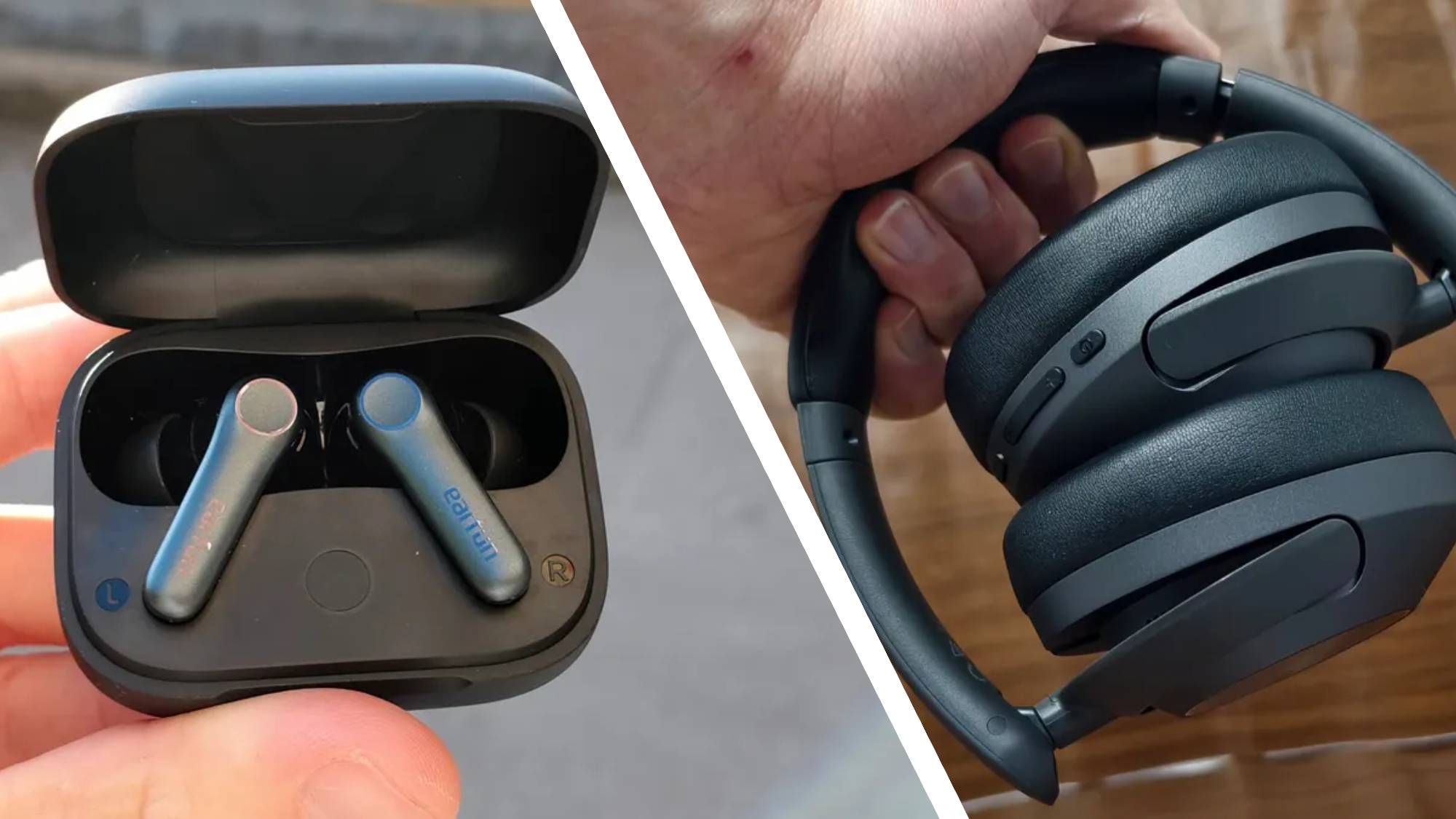 On the left, the Earfun Air Pro 4, and on the right, the Earfun Wave Pro.