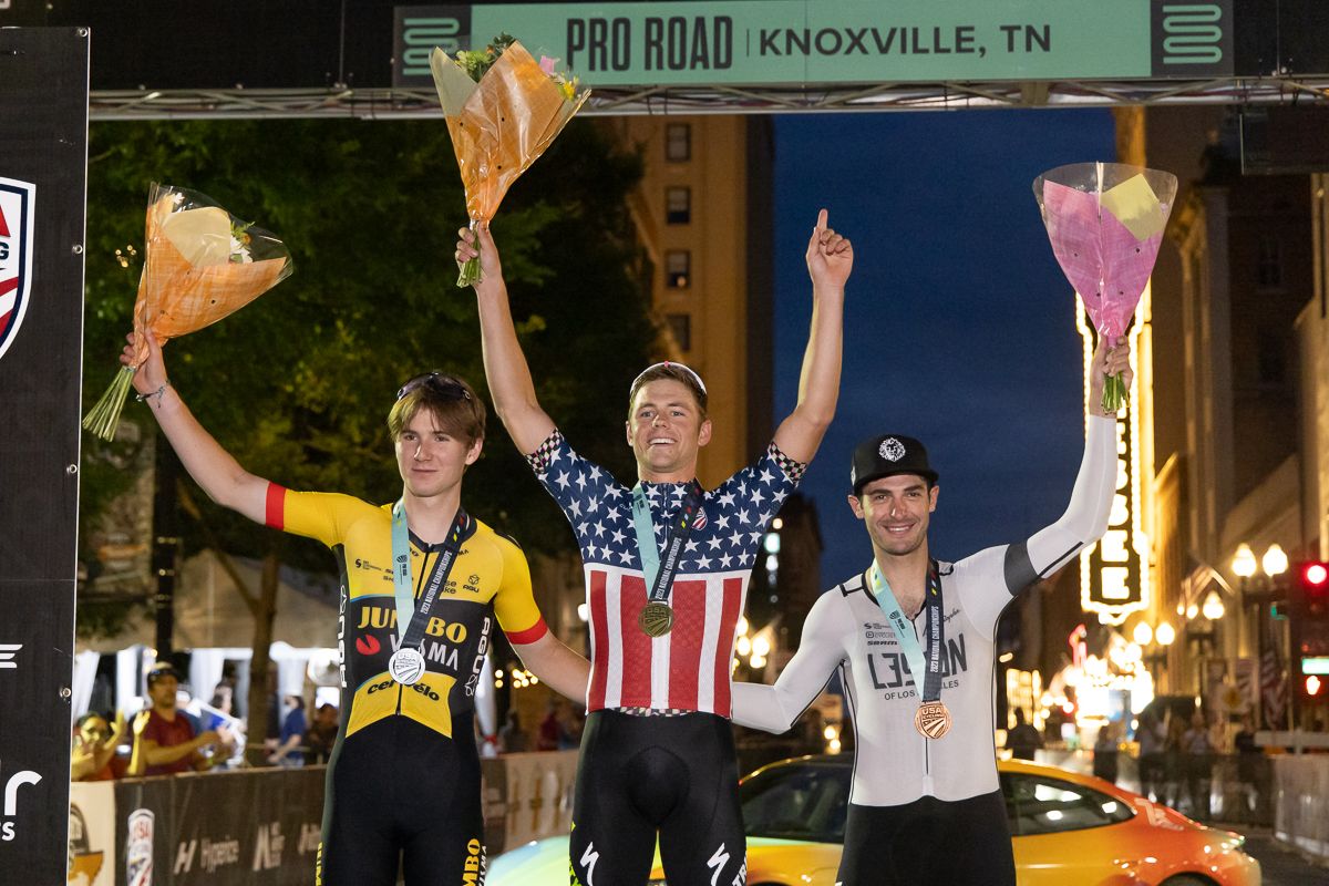 Pro men's criterium podium, winner Luke Lamperti (centre)