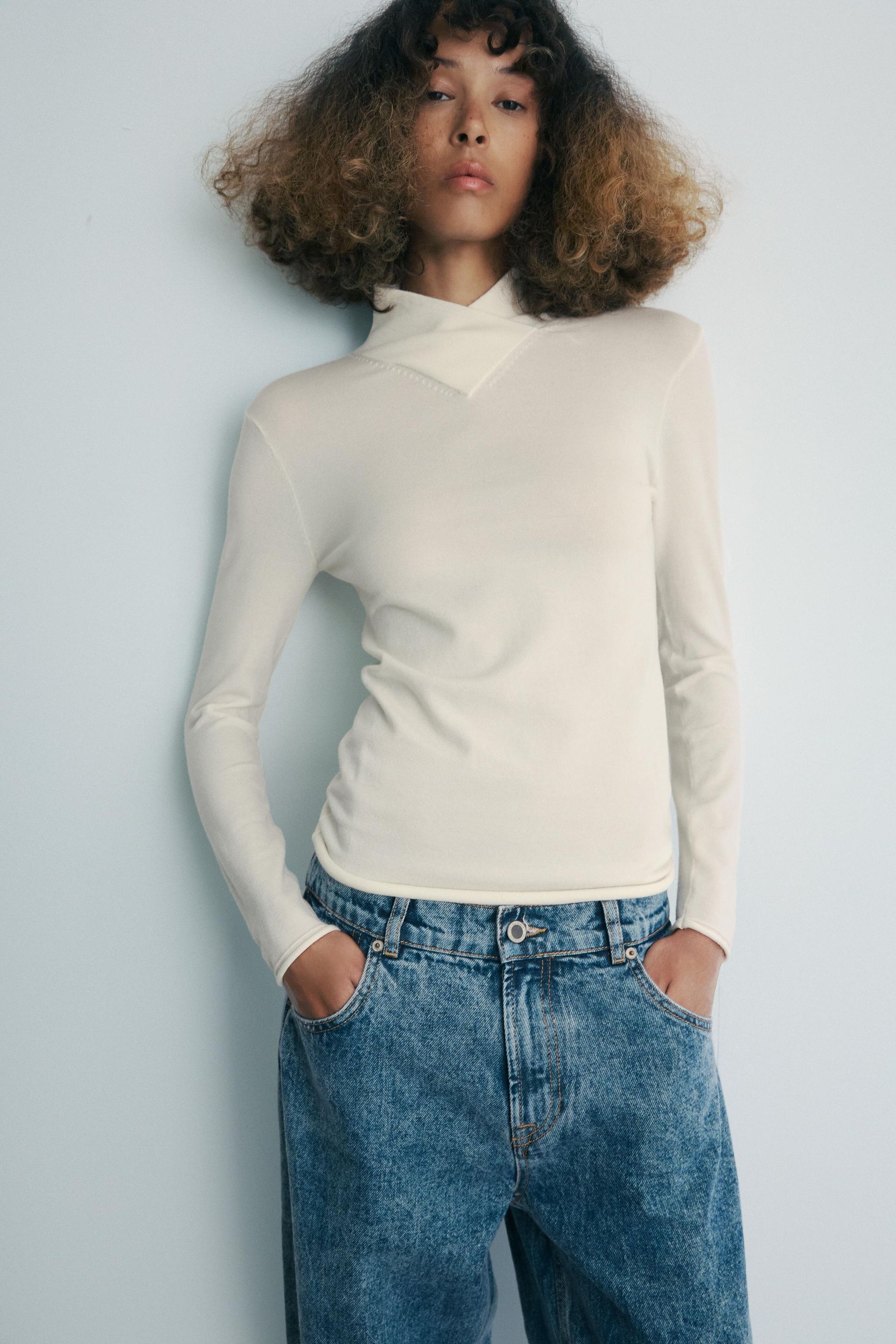 Wool Blend Cross-Over High Neck Jumper