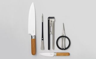Clockwise from top left, ‘Calligraphy’ seafood scissors, cracker and pick, £100 for set of three, by Wong Chi Fung; ‘Sino’ paring knife, £70; chef knife, £35, by Office for Product Design, all for Jia Inc