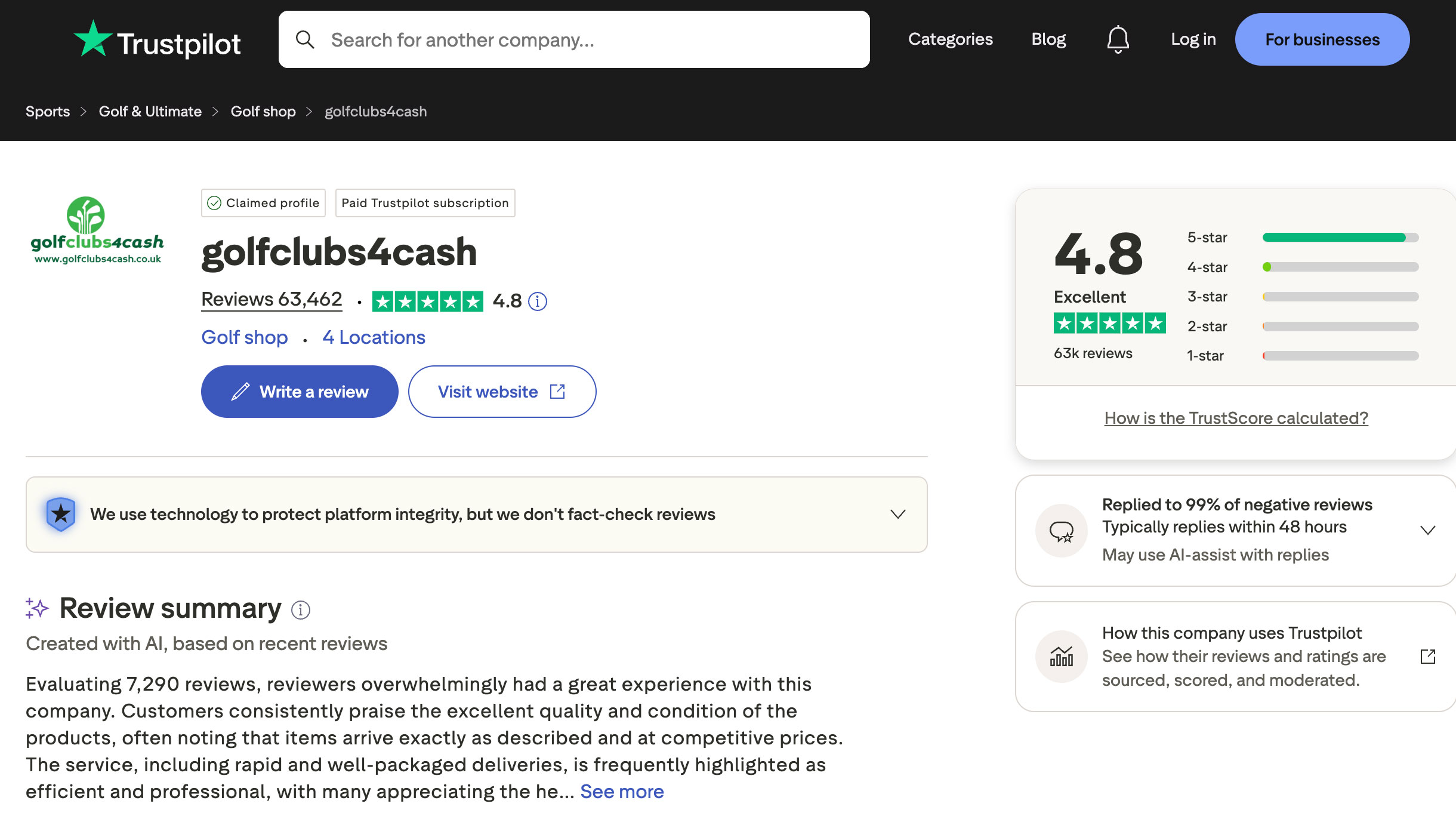golfclubs4cash trust pilot page