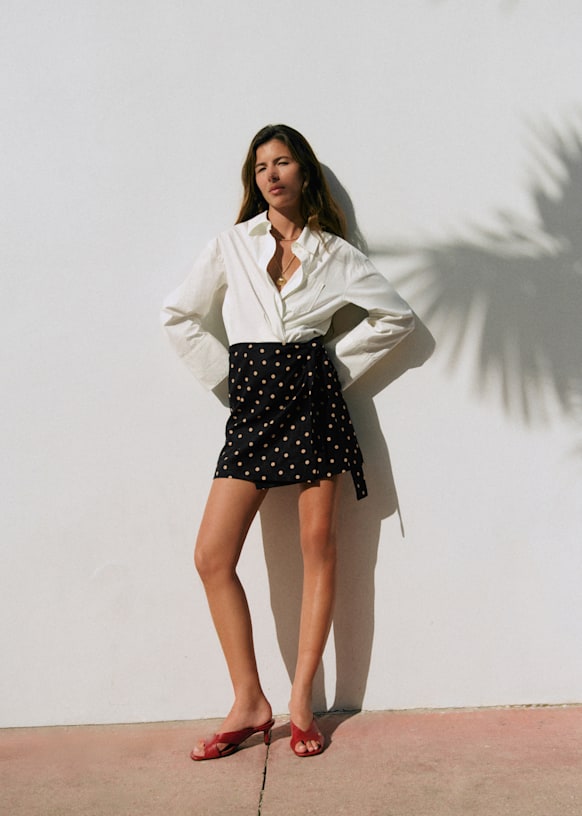 Lola Skirt - Beige Polka Dots Black Background Print - Linen - S&eacute;zane