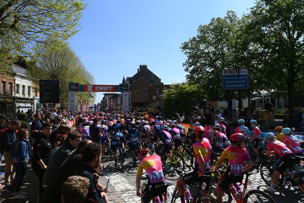 ROUBAIX FRANCE APRIL 16 A general view of the peloton at Denain start city prior to the 2nd ParisRoubaix 2022 Womens Elite a 1247km one day race from Denain to Roubaix ParisRoubaixFemmes ParisRoubaix on April 16 2022 in Roubaix France Photo by Tim de WaeleGetty Images