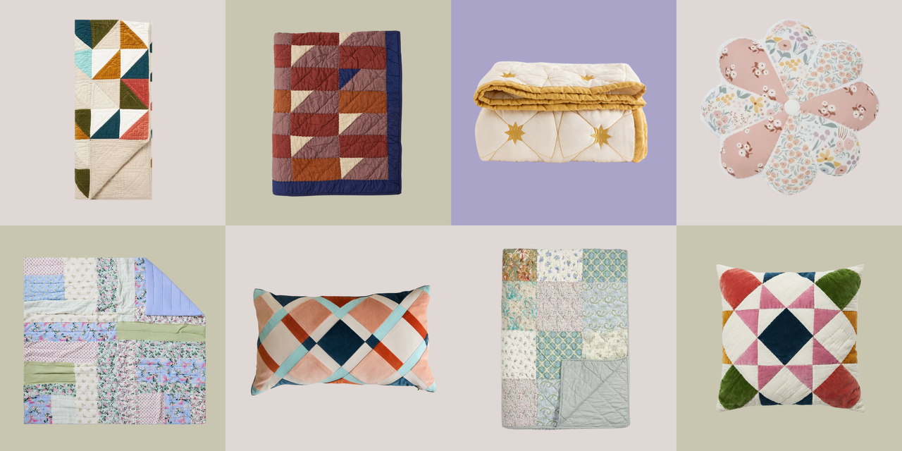 Patchwork quilt products such as throws and cushions in soft and bright colors