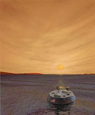 An artist's impression of the Titan Mare Explorer (TiME) capsule proposed to float on the lakes and seas of Titan. If it travels to the moon, engineers may need to consider how its arrival and heat output may affect the nitrogen in the liquid it floats on.