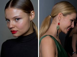 Ralph Lauren’s dramatic look for fall was seen through by giving lips an injection of bright red colour.