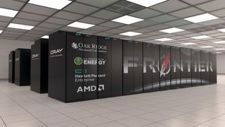 The supercomputer Frontier sits in a brightly lit server room