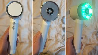 Three shots of the Zuvi Halo hair dryer, from the back, side and on infrared drying mode