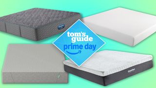 A collage of mattresses available in the October Amazon Prime Big Deal Days. Top left the Beautyrest Prime Dream, top right the Zinus 8-inch Green tea Memory Foam, bottom right the Classic Homes Cool Gel Mattress, bottom left the Siena Signature Mattress. In the middle, a Tom's Guide Prime Day deals graphic