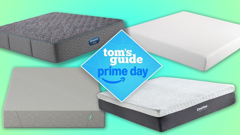 A collage of mattresses available in the October Amazon Prime Big Deal Days. Top left the Beautyrest Prime Dream, top right the Zinus 8-inch Green tea Memory Foam, bottom right the Classic Homes Cool Gel Mattress, bottom left the Siena Signature Mattress. In the middle, a Tom&#039;s Guide Prime Day deals graphic